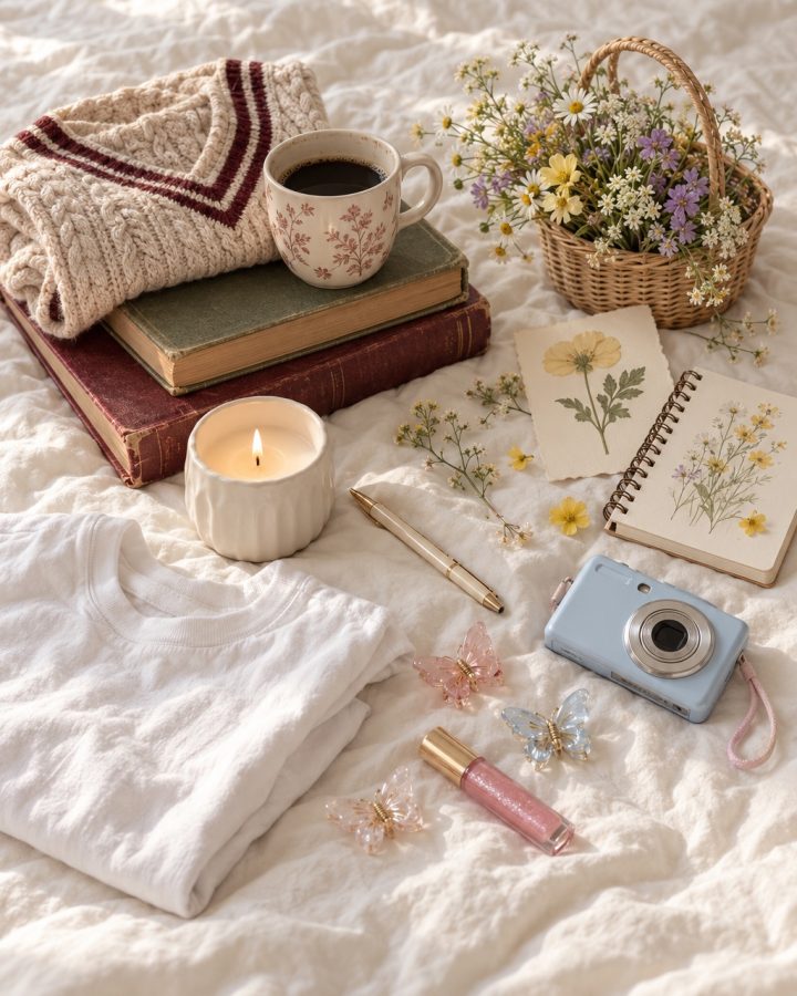 Flat lay of books, a knit vest, wildflowers, a candle, butterfly clips and a pastel camera on a cream bedsheet