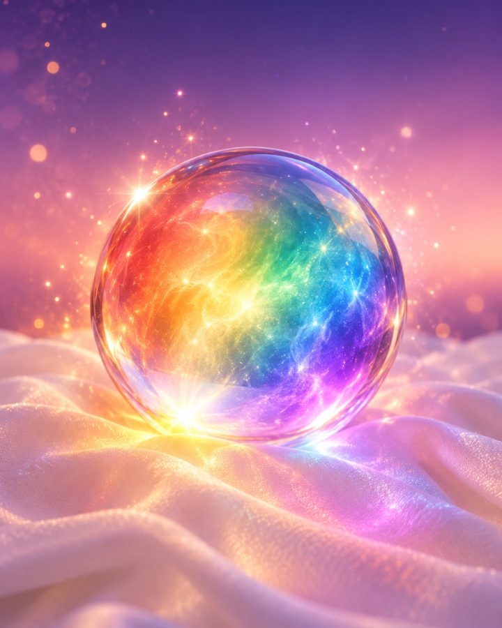 Glass sphere glowing with rainbow light on soft white fabric under a purple twilight sky