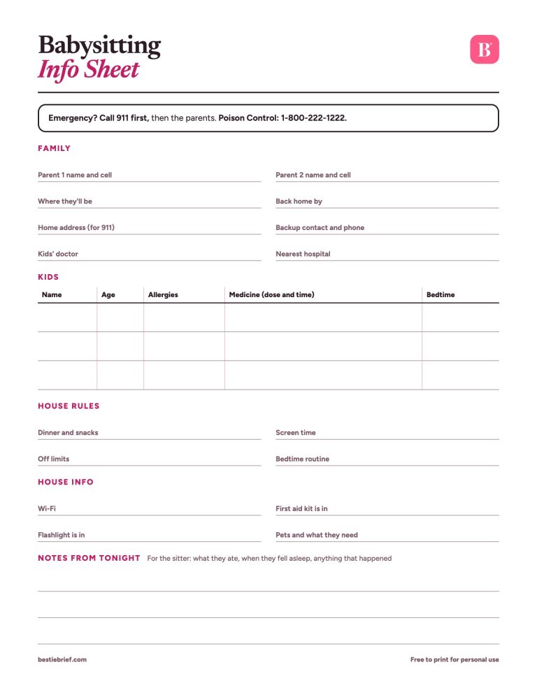 Preview of The Babysitting Info Sheet