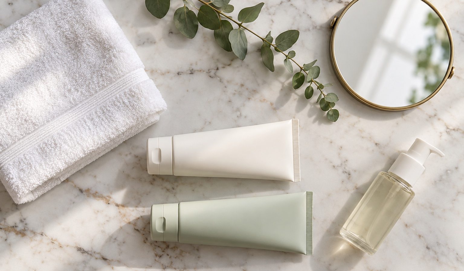 Two plain skincare tubes, a pump bottle, a folded white towel and a round mirror on a marble counter