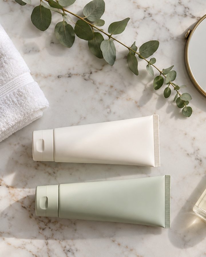 Two plain skincare tubes, a pump bottle, a folded white towel and a round mirror on a marble counter