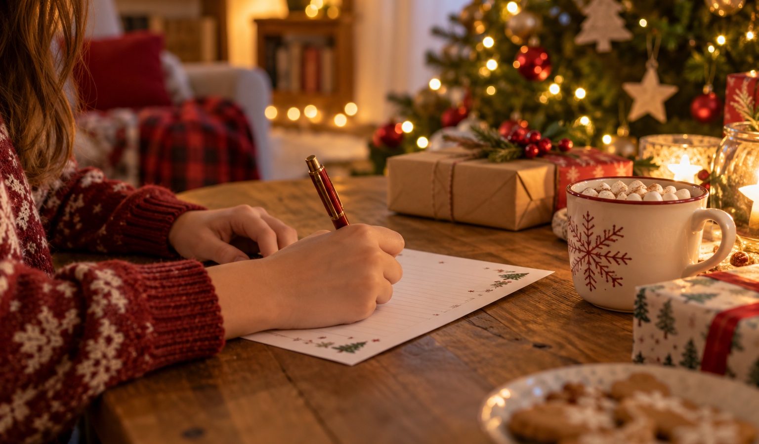 A teen in a holiday sweater writes a wish list at a table near a Christmas tree with cocoa and cookies