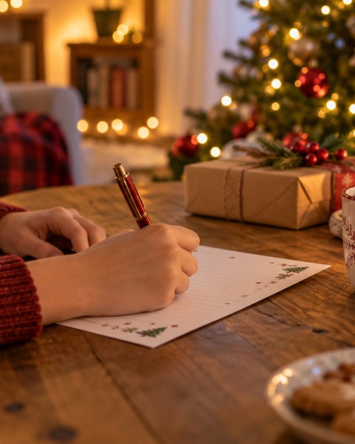 A teen in a holiday sweater writes a wish list at a table near a Christmas tree with cocoa and cookies