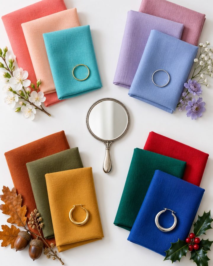 Fabric swatches in spring, summer, autumn and winter colors with gold and silver jewelry around a hand mirror
