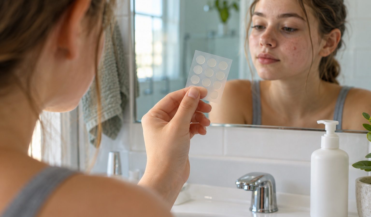 Teen holding a sheet of clear pimple patches in front of a bathroom mirror