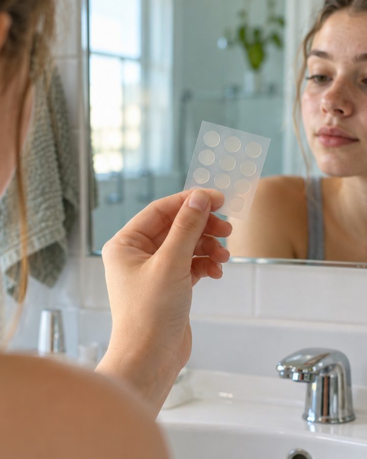 Teen holding a sheet of clear pimple patches in front of a bathroom mirror