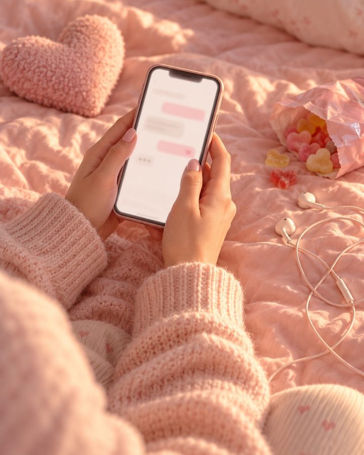 Hands in a pink sweater holding a phone with a blurred chat on a pink bed with heart candy