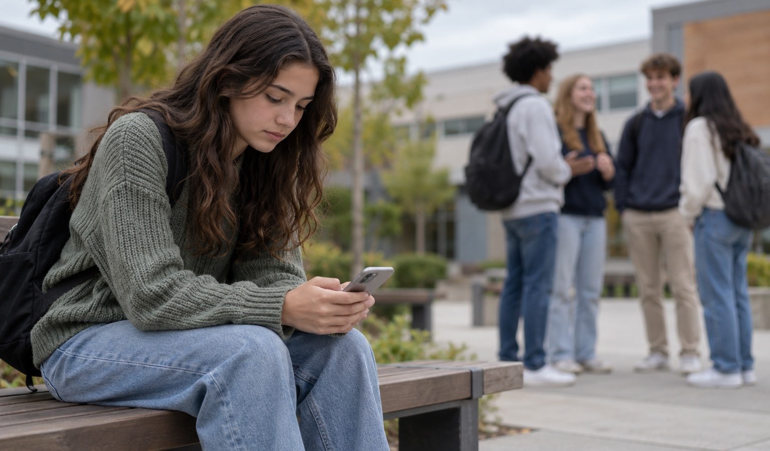 A teen girl sits alone on a school bench looking at her phone while a group of friends talks in the background