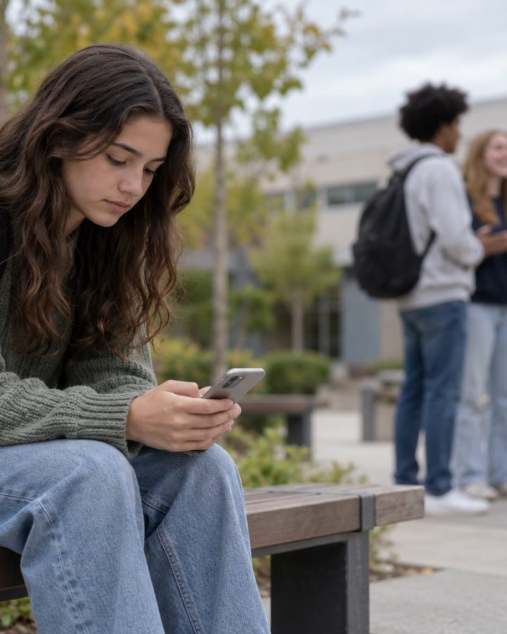 A teen girl sits alone on a school bench looking at her phone while a group of friends talks in the background