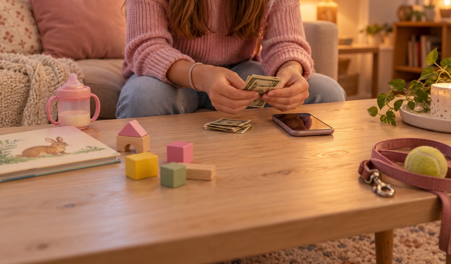 Teen in a pink sweater counting dollar bills at a coffee table with toy blocks, a sippy cup, a picture book and a dog leash