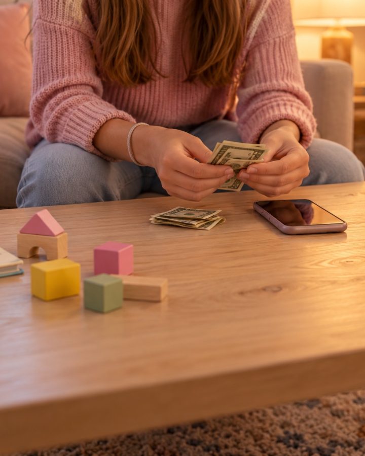 Teen in a pink sweater counting dollar bills at a coffee table with toy blocks, a sippy cup, a picture book and a dog leash