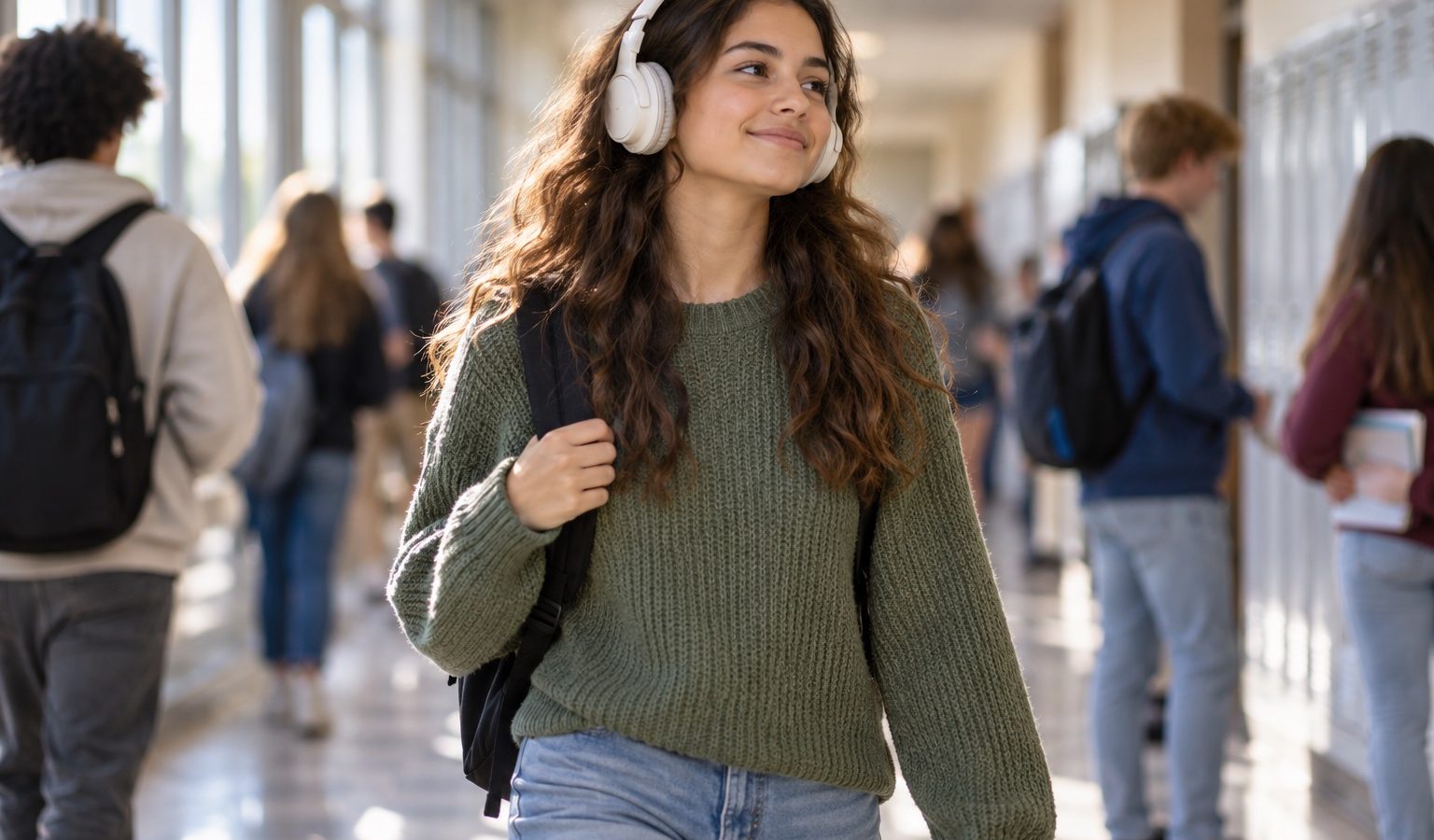 Teen girl with headphones smiling as she walks down a school hallway
