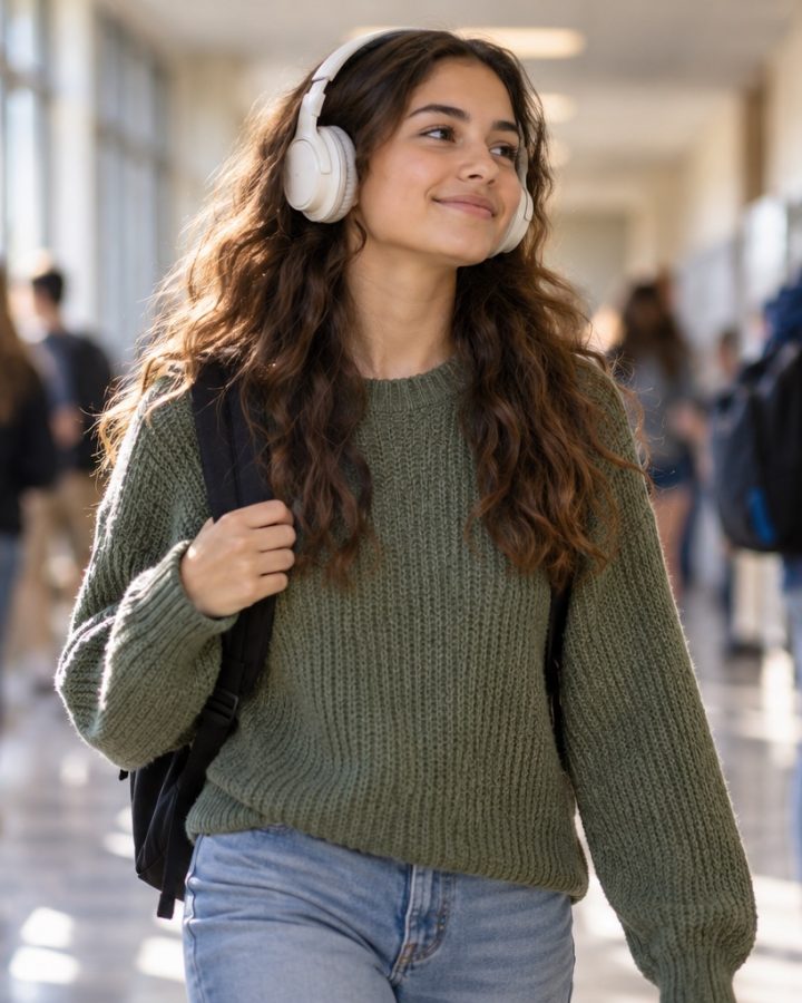 Teen girl with headphones smiling as she walks down a school hallway