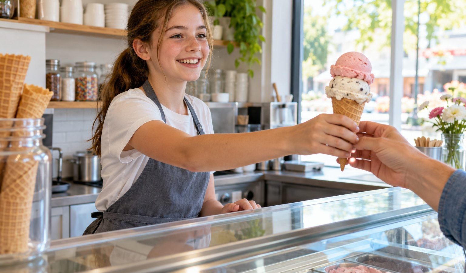 Teen girl in an apron handing an ice cream cone over the counter