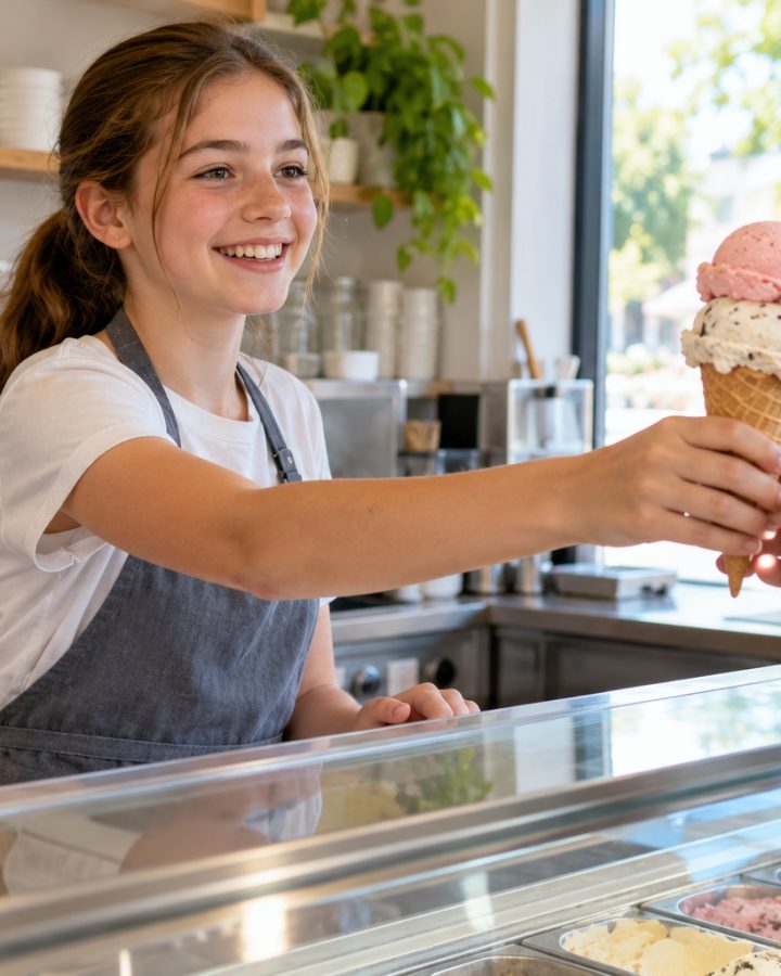 Teen girl in an apron handing an ice cream cone over the counter