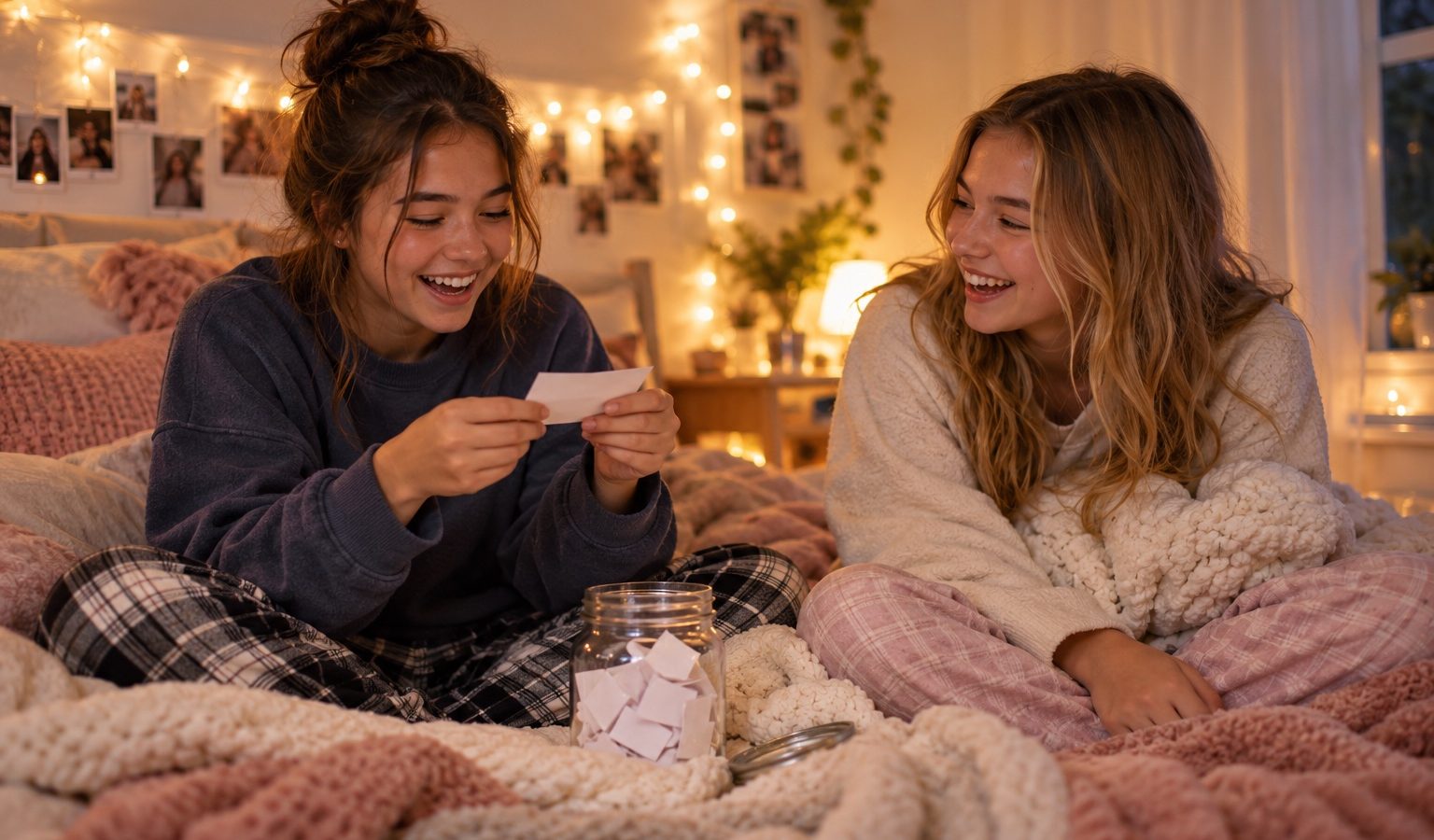 Two best friends laughing at a sleepover, reading a question card from a jar