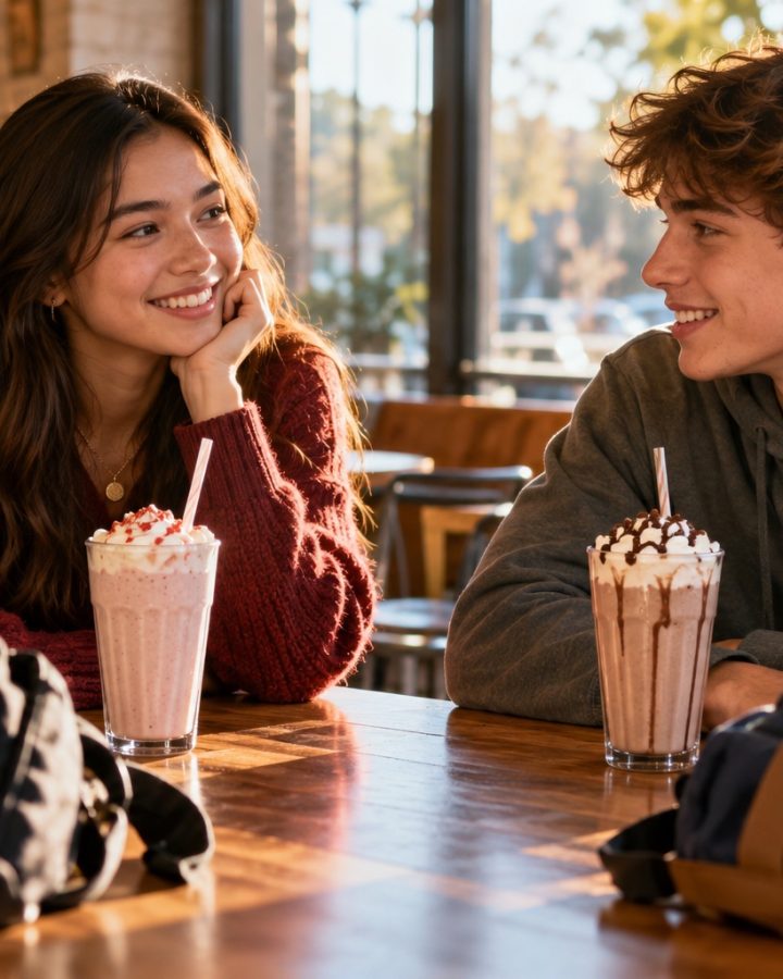 Two teens smile at each other over milkshakes at a cafe table