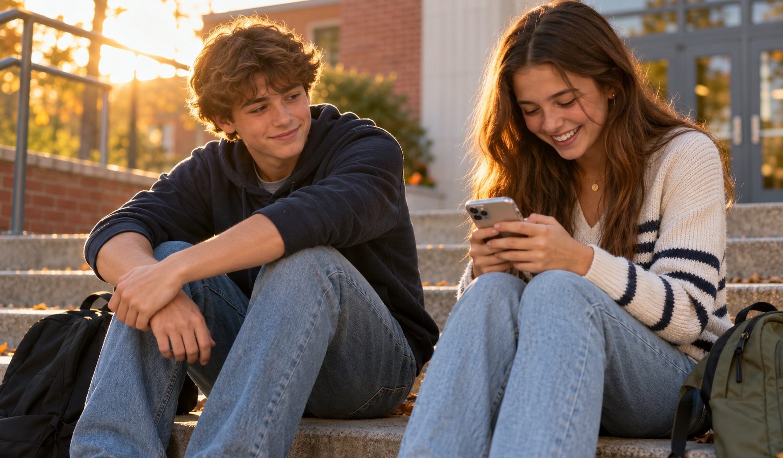 Teen boy smiling at a girl looking at her phone on school steps