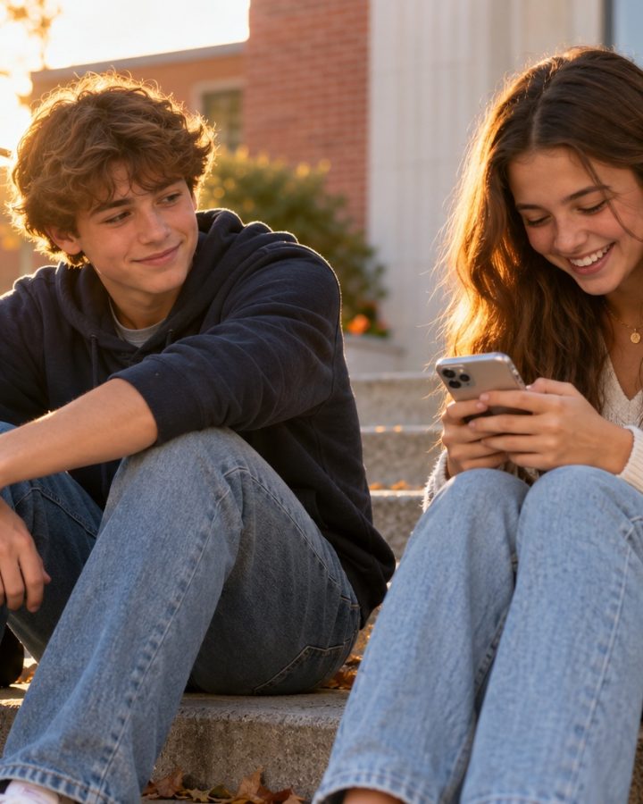 Teen boy smiling at a girl looking at her phone on school steps