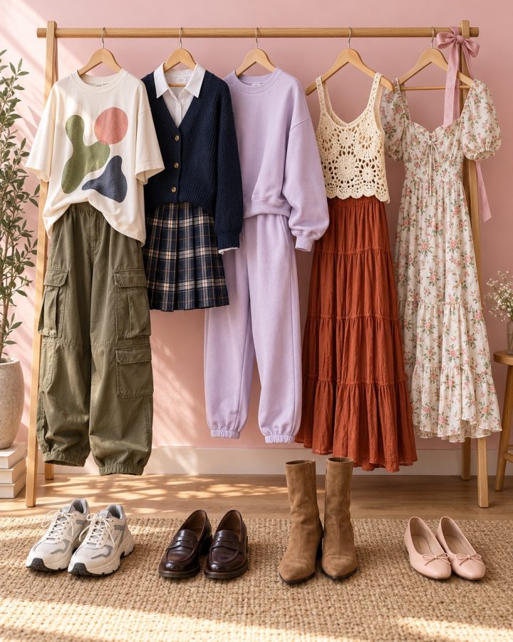 Clothing rail with streetwear, prep, sporty, boho and romantic outfits and matching shoes below