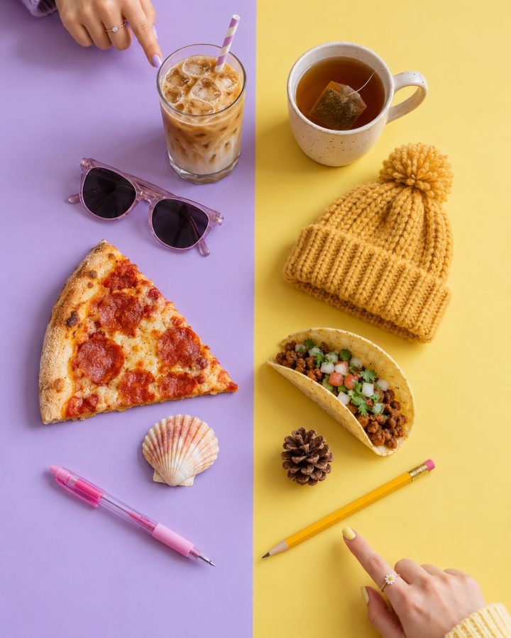 A table split into lavender and yellow halves with opposite pairs: iced latte and hot tea, sunglasses and a beanie, pizza and a taco, a seashell and a pine cone, a pink pen and a pencil